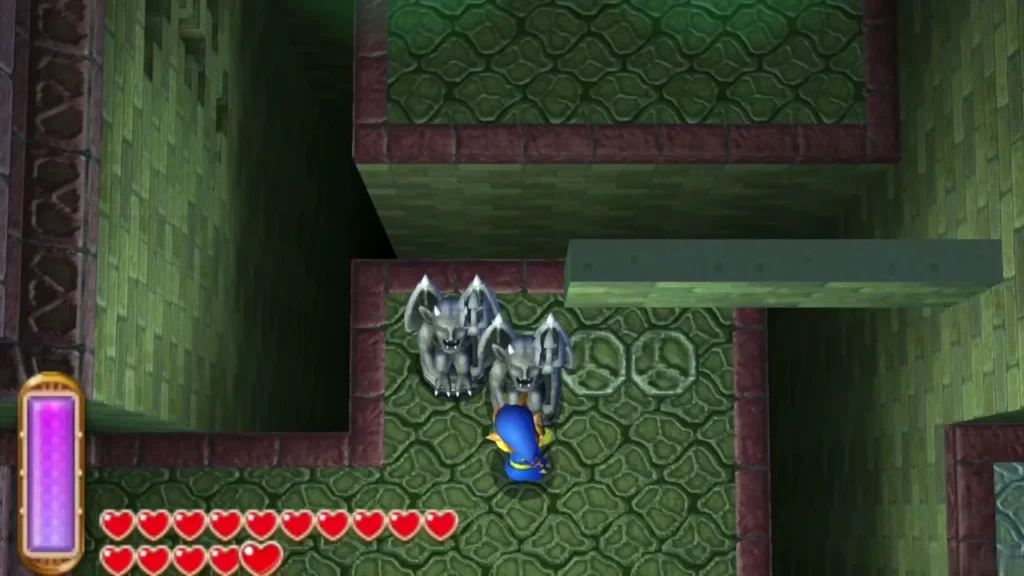 Link pushing two gargoyle statues together across the floor toward a pressure pad Link pushing two gargoyle statues together across the floor toward a pressure pad
