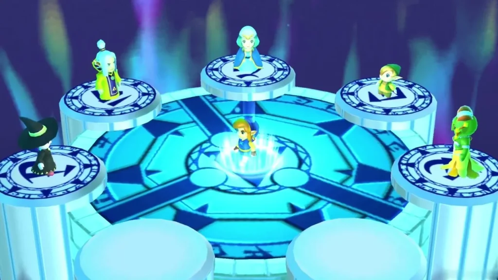 Link in the Sanctuary sage chamber, with Seres on her pedestal among the Sages Link in the Sanctuary sage chamber, with Seres on her pedestal among the Sages