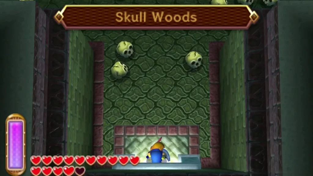 Link standing before the Skull Woods entrance hall with its skull-mouth door Link standing before the Skull Woods entrance hall with its skull-mouth door