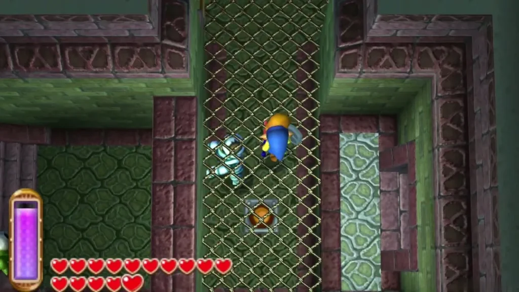 Link beside a chain-link grate in a green Skull Woods room, with a pale enemy at his left Link beside a chain-link grate in a green Skull Woods room, with a pale enemy at his left