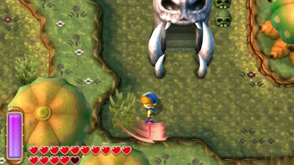 Link outside in the forest, facing the skull-shaped dungeon entrance Link outside in the forest, facing the skull-shaped dungeon entrance