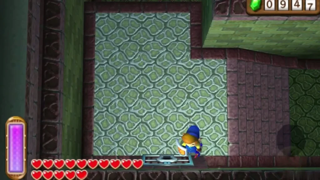 Link stands by a floor grate in a green-tiled Skull Woods room, rupee count at the top right Link stands by a floor grate in a green-tiled Skull Woods room, rupee count at the top right