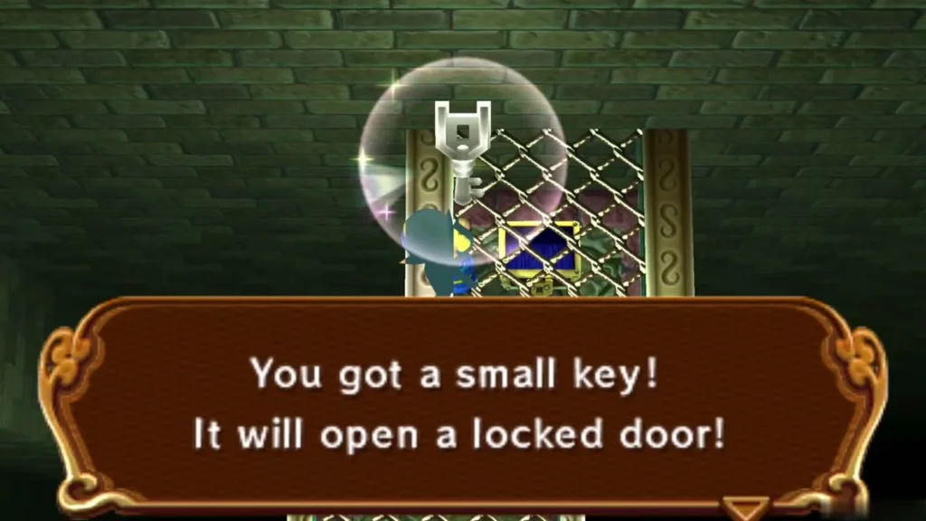 Link holding up the small key from the platform chest, with the You got a small key box Link holding up the small key from the platform chest, with the You got a small key box