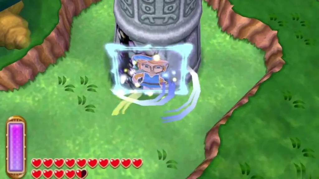Link stepping out of the stone pillar in a blue light onto the grass Link stepping out of the stone pillar in a blue light onto the grass