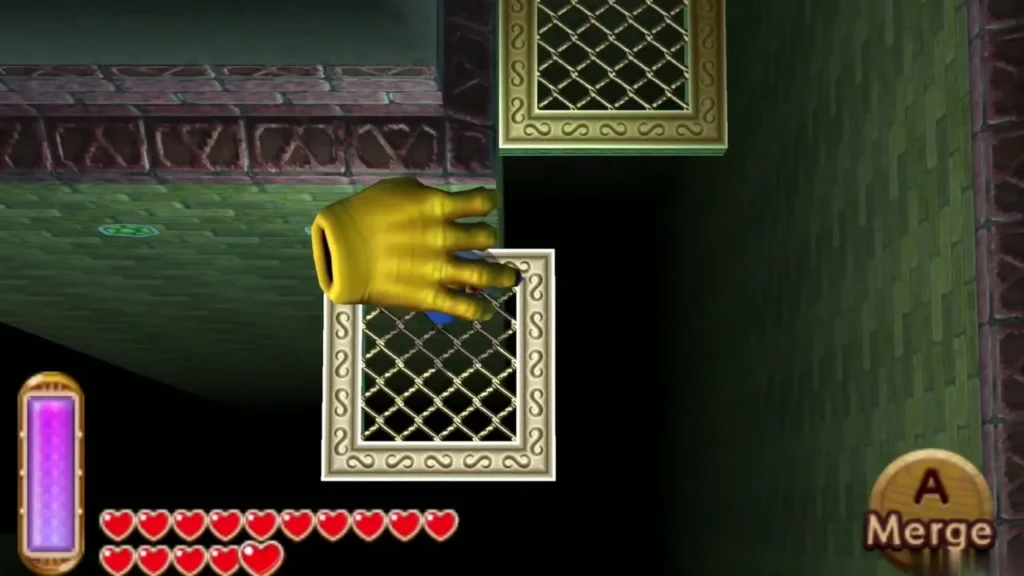 A Wallmaster hand reaching for Link while he rides a platform A Wallmaster hand reaching for Link while he rides a platform
