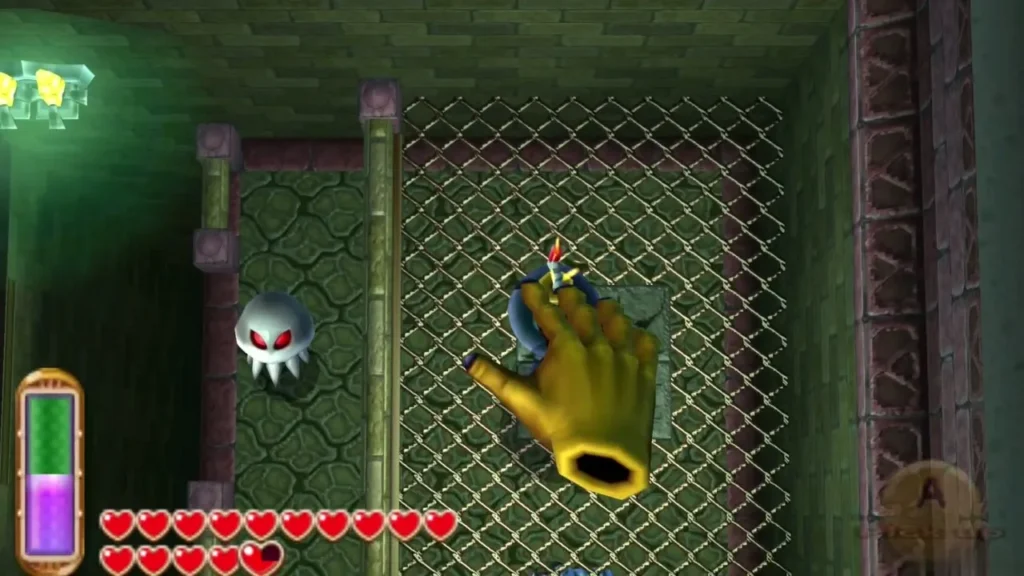 Wallmaster hand reaching down over the chain-link floor while Link stands below Wallmaster hand reaching down over the chain-link floor while Link stands below