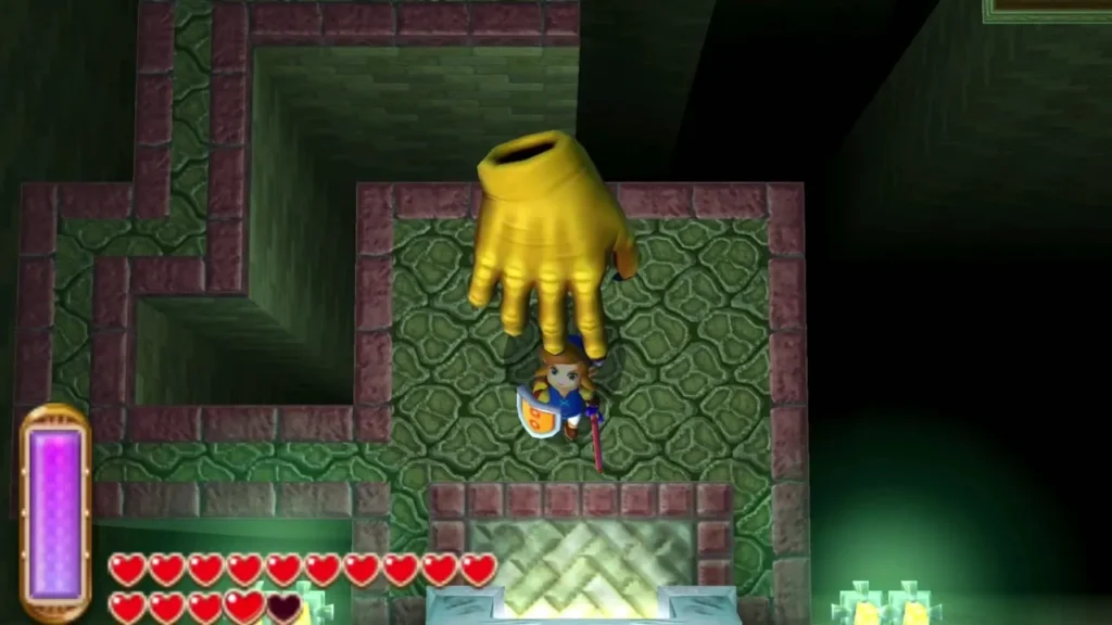A Wallmaster hand reaching down toward Link in a walkway room A Wallmaster hand reaching down toward Link in a walkway room