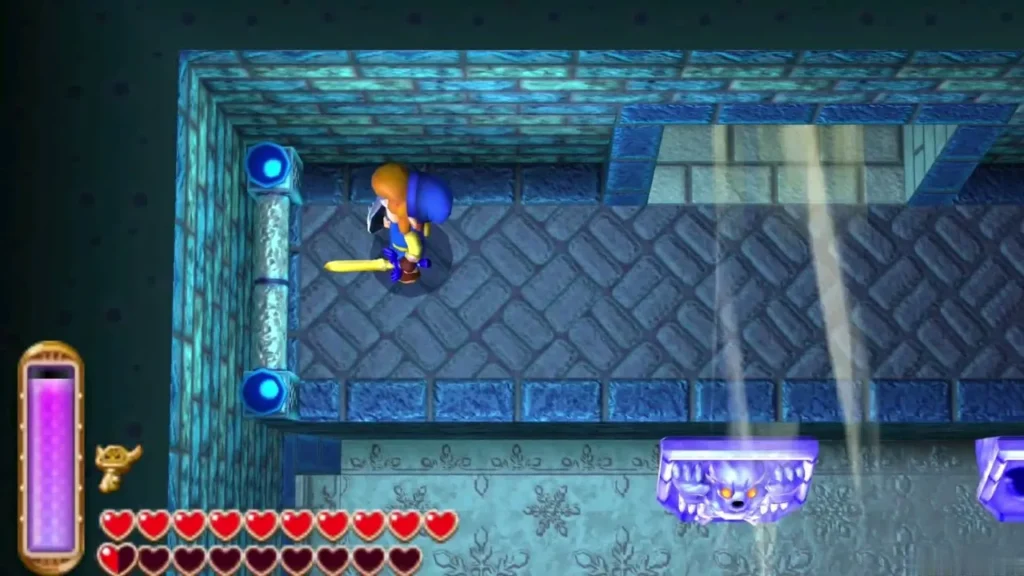 Link rising in a stream of air through the ice ruins toward a higher ledge Link rising in a stream of air through the ice ruins toward a higher ledge