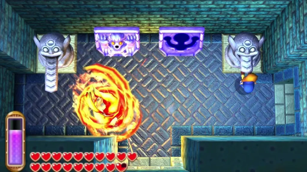 Fire Rod flames in the B1 statue room while a statue's long tongue hangs beside Link Fire Rod flames in the B1 statue room while a statue's long tongue hangs beside Link
