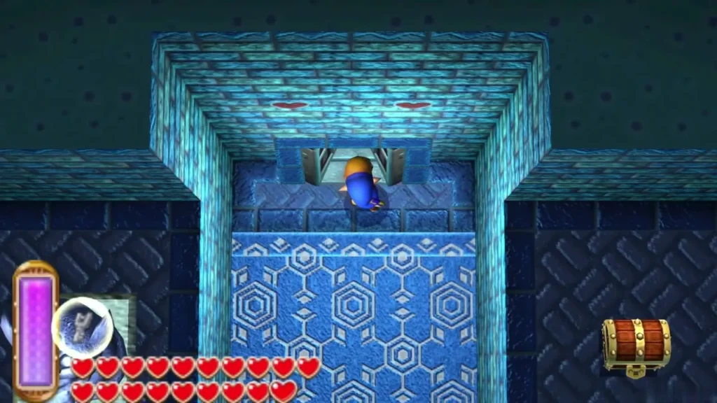 A closed treasure chest in the southeast corner of the B1 room, with Link at the doorway ahead A closed treasure chest in the southeast corner of the B1 room, with Link at the doorway ahead