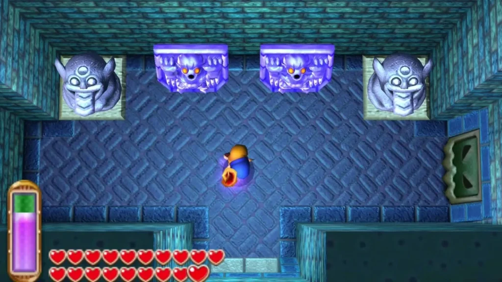 Link in the B1 statue room, with stone statues on each wall beside purple faced blocks Link in the B1 statue room, with stone statues on each wall beside purple faced blocks