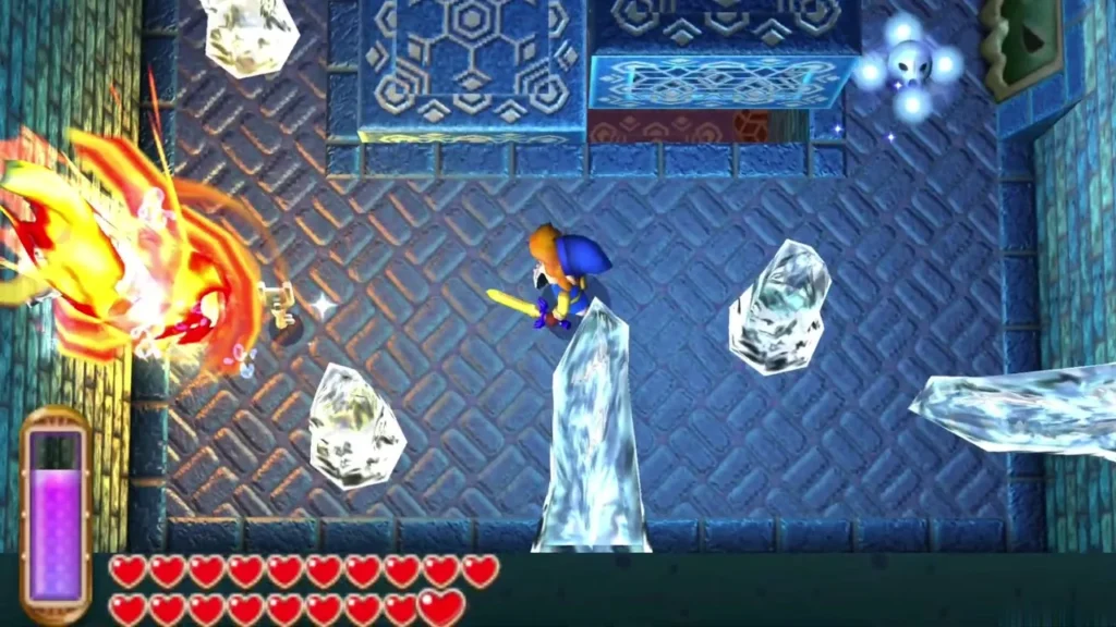 Fire Rod flames bursting from the rod as Link melts the ice in the first room of B2 Fire Rod flames bursting from the rod as Link melts the ice in the first room of B2