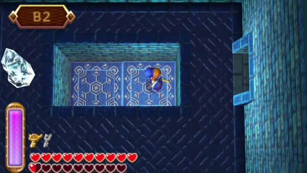 Link standing on an ice block in a B2 chamber with an ice crystal at the left edge Link standing on an ice block in a B2 chamber with an ice crystal at the left edge