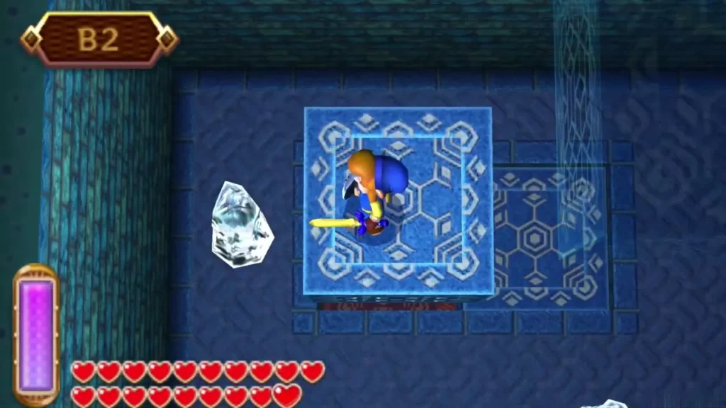 Link standing on a blue floor tile in the first B2 room, with ice blocks beside him Link standing on a blue floor tile in the first B2 room, with ice blocks beside him