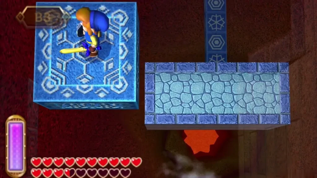 Link standing on a snowflake-patterned grid platform above the pit on B3 Link standing on a snowflake-patterned grid platform above the pit on B3