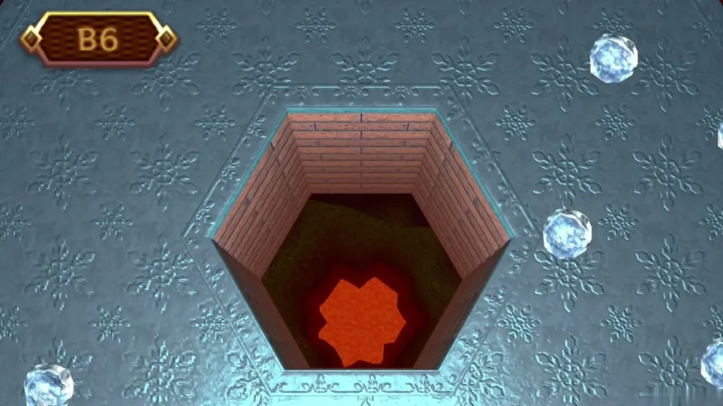 Hexagonal hole in the ice floor on B6 with lava glowing at the bottom Hexagonal hole in the ice floor on B6 with lava glowing at the bottom