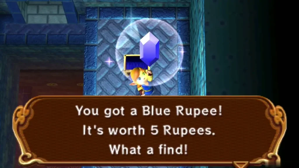 Link holds up a Blue Rupee with the 'You got a Blue Rupee!' box Link holds up a Blue Rupee with the 'You got a Blue Rupee!' box