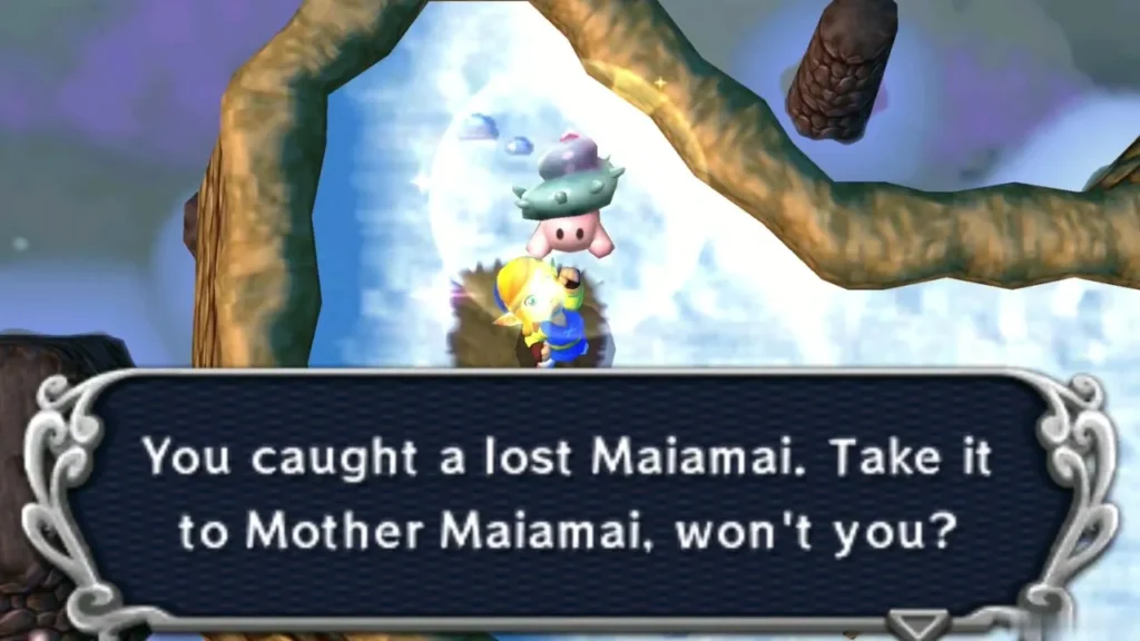 Link catching a lost Maiamai in the snow, with the message to take it to Mother Maiamai Link catching a lost Maiamai in the snow, with the message to take it to Mother Maiamai