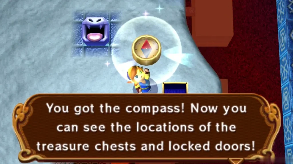 Link holding up the Compass in the snowy B1 room, with the You got the compass box below Link holding up the Compass in the snowy B1 room, with the You got the compass box below