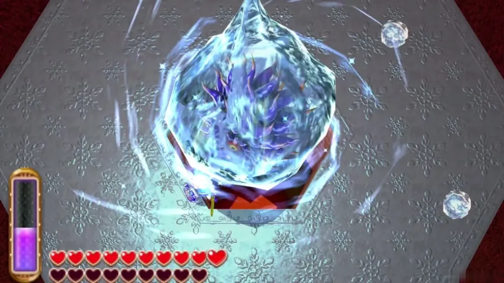 Link faces the ice crystal boss Dharkstare in its hexagonal arena Link faces the ice crystal boss Dharkstare in its hexagonal arena