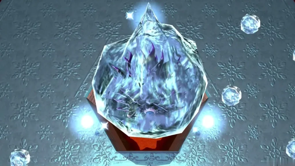 Dharkstare sealed inside a thick block of ice on the hexagonal platform Dharkstare sealed inside a thick block of ice on the hexagonal platform