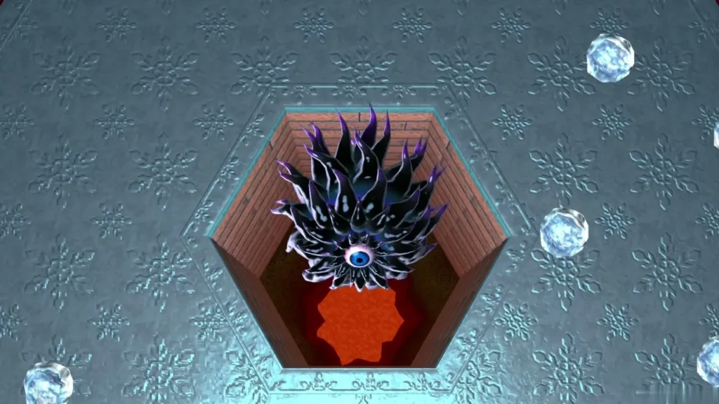 Dharkstare with spiky tentacles and a dark eye rising out of the hexagonal pit on the ice platform Dharkstare with spiky tentacles and a dark eye rising out of the hexagonal pit on the ice platform