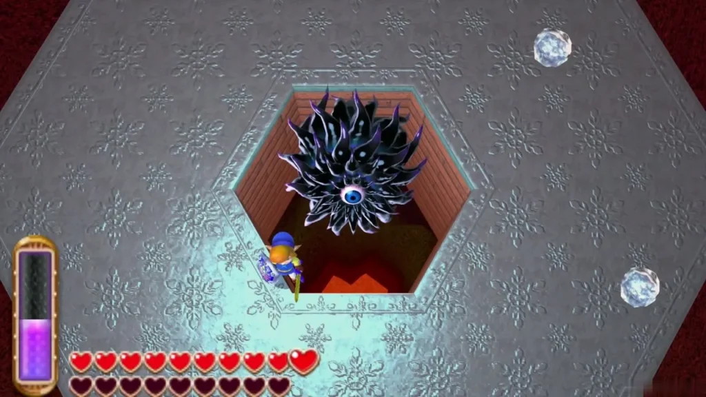Dharkstare's dark spiked form back in the hexagonal pit as Link closes in with his sword Dharkstare's dark spiked form back in the hexagonal pit as Link closes in with his sword