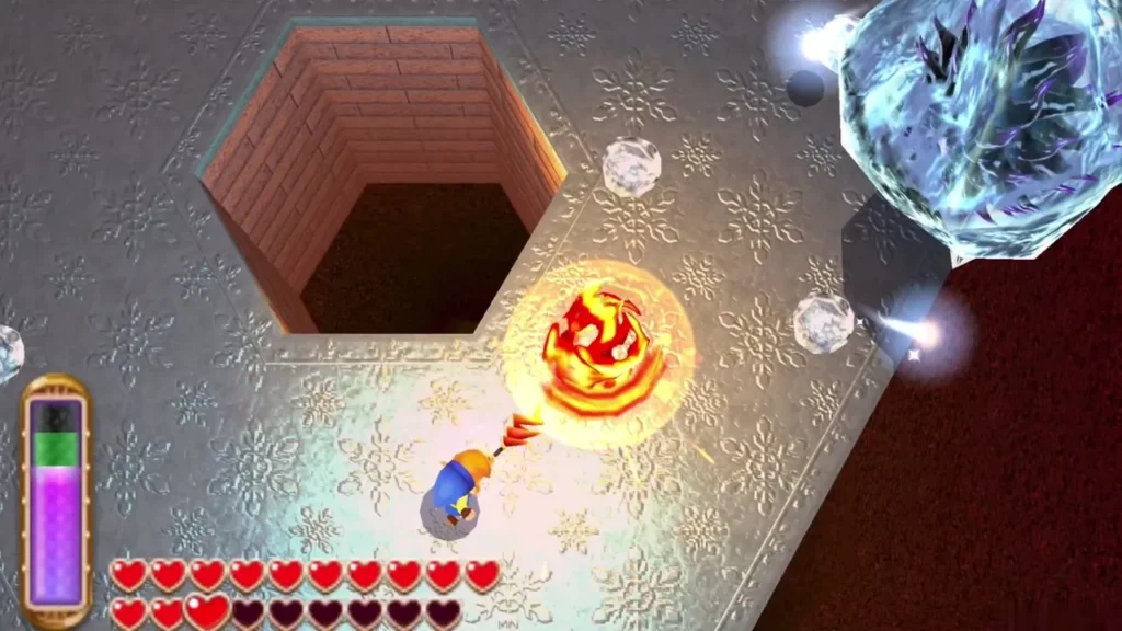 Link firing the Fire Rod toward Dharkstare's ice shell beside the hexagonal pit Link firing the Fire Rod toward Dharkstare's ice shell beside the hexagonal pit