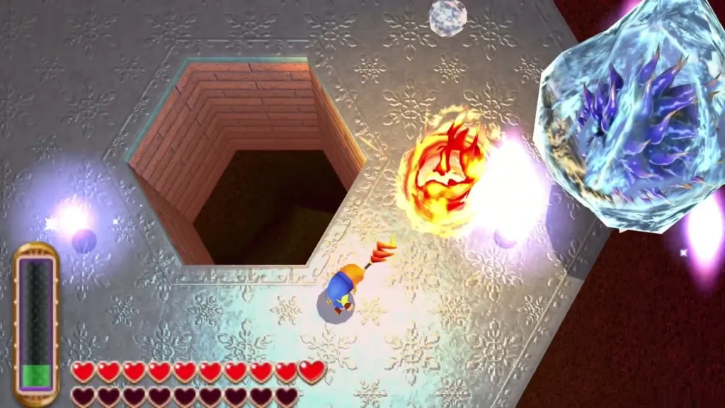 Fire Rod flame blasting into Dharkstare's ice armor beside the hexagonal pit Fire Rod flame blasting into Dharkstare's ice armor beside the hexagonal pit