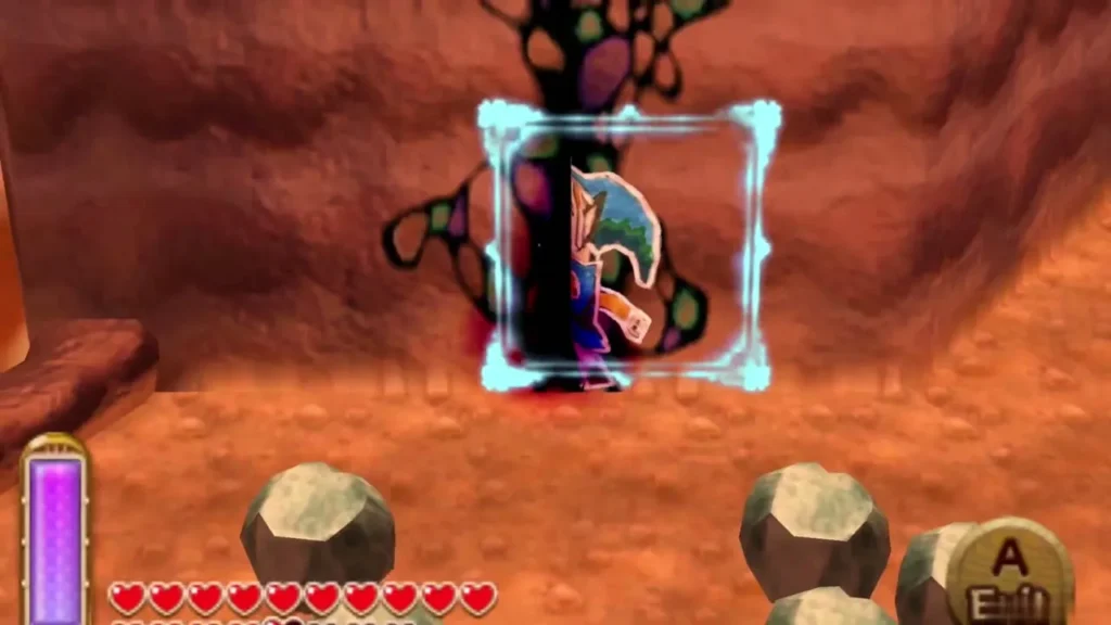Link merging into a cracked rock wall outside Rosso's Ore Mine Link merging into a cracked rock wall outside Rosso's Ore Mine