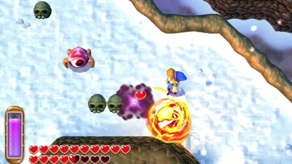 Link fighting a flaming monster and a red eye monster on a snowy ledge near skulls Link fighting a flaming monster and a red eye monster on a snowy ledge near skulls