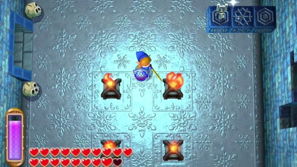 Link standing among four lit torches in the snowy room Link standing among four lit torches in the snowy room