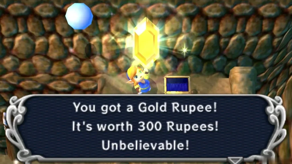 Link holding up a Gold Rupee, with the message that it is worth 300 Rupees Link holding up a Gold Rupee, with the message that it is worth 300 Rupees