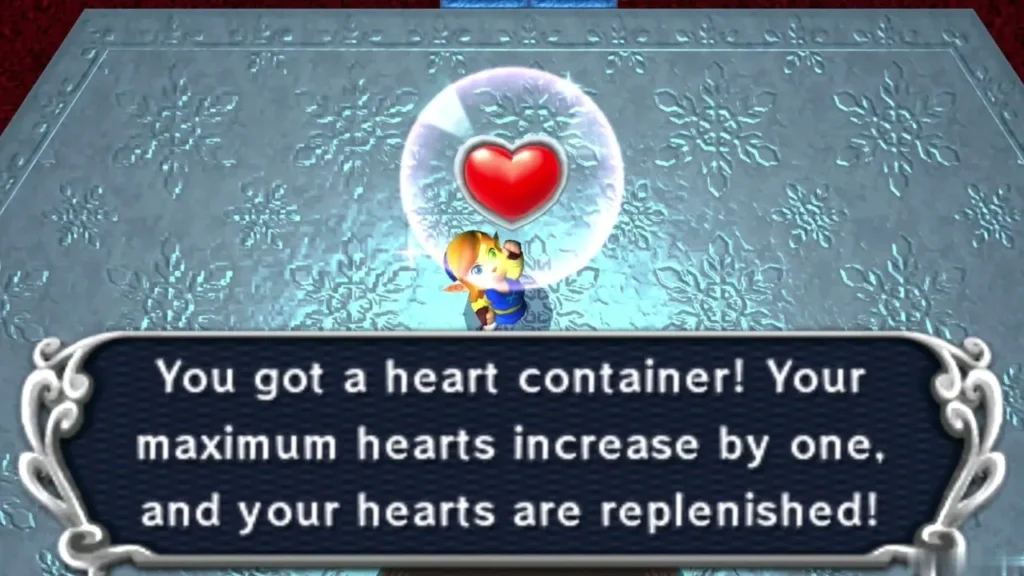 Link raises a Heart Container overhead beneath the 'You got a heart container!' box Link raises a Heart Container overhead beneath the 'You got a heart container!' box