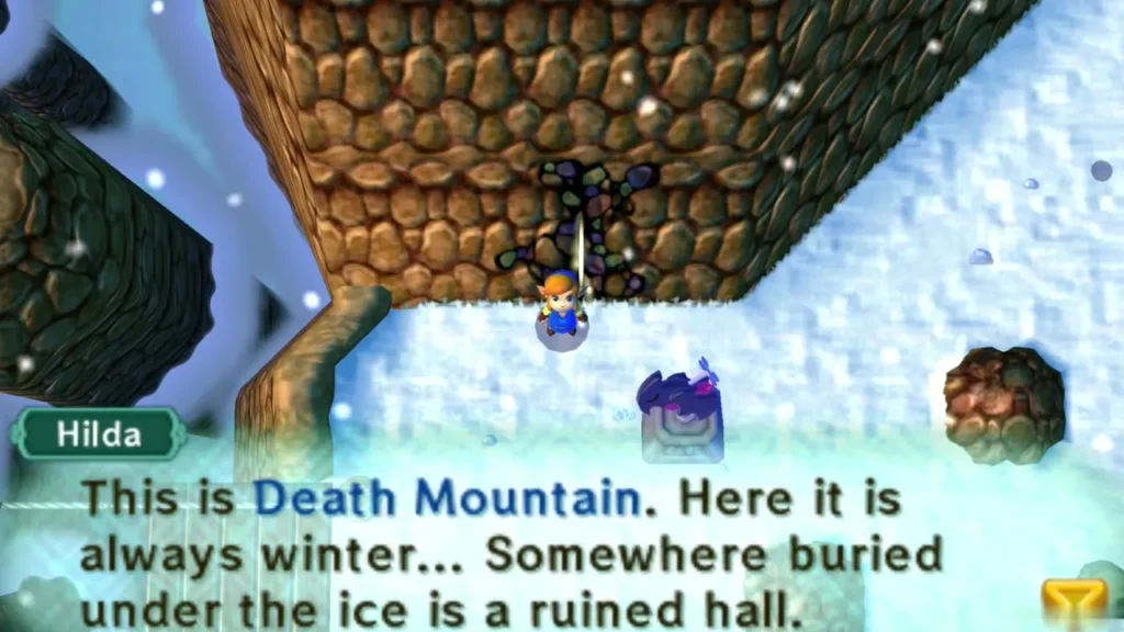 Hilda warns that Death Mountain is always winter and a ruined hall lies under the ice Hilda warns that Death Mountain is always winter and a ruined hall lies under the ice