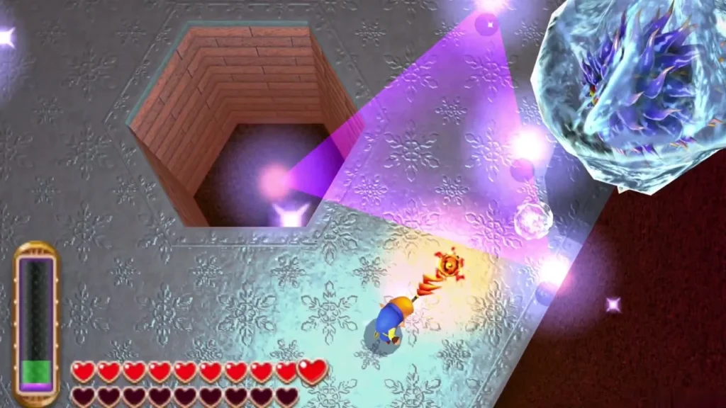 Link standing inside a purple triangle of ice orbs with Dharkstare's frozen shell at the edge Link standing inside a purple triangle of ice orbs with Dharkstare's frozen shell at the edge