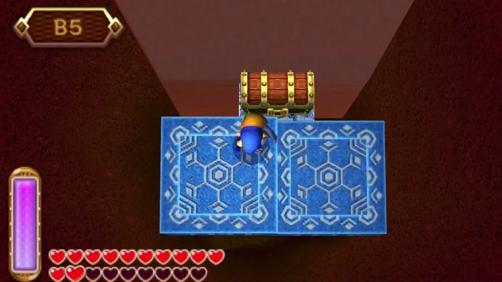 Link standing before the closed chest on the lowest Ice Ruins floor, B5 Link standing before the closed chest on the lowest Ice Ruins floor, B5