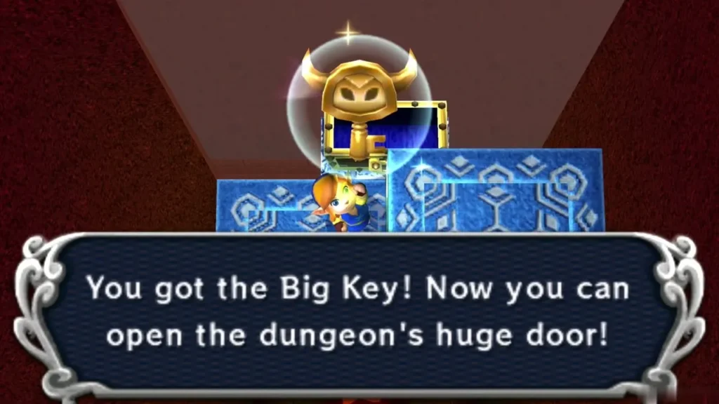 Link holding up the Big Key with the message that it opens the dungeon door Link holding up the Big Key with the message that it opens the dungeon door