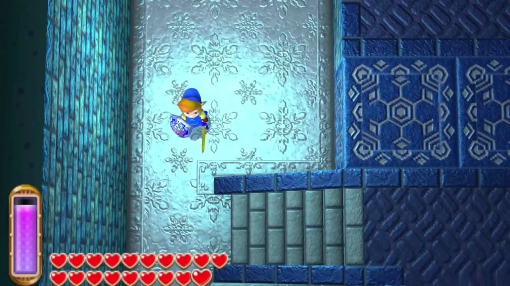 Link walking across the icy entrance floor beside the blue tiled platforms Link walking across the icy entrance floor beside the blue tiled platforms