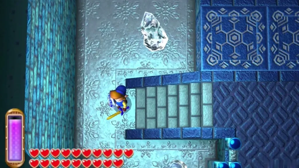 Link on a raised blue ledge in the Ice Ruins entrance area Link on a raised blue ledge in the Ice Ruins entrance area