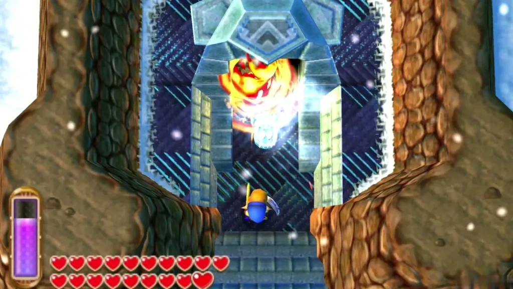 Link holding the Fire Rod flame against the ice statue in the doorway Link holding the Fire Rod flame against the ice statue in the doorway