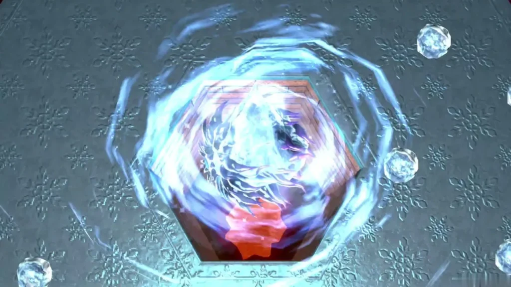 Ice swirling around the hexagonal pit as Dharkstare freezes itself inside a shell Ice swirling around the hexagonal pit as Dharkstare freezes itself inside a shell