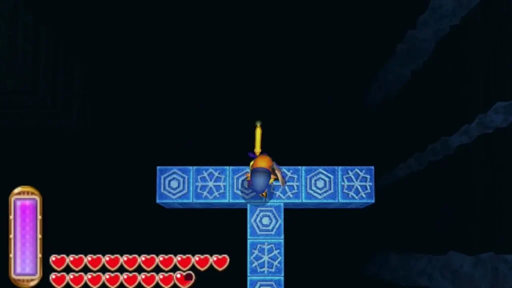 Link standing on a cross of blue ice tiles in the dark cavern Link standing on a cross of blue ice tiles in the dark cavern