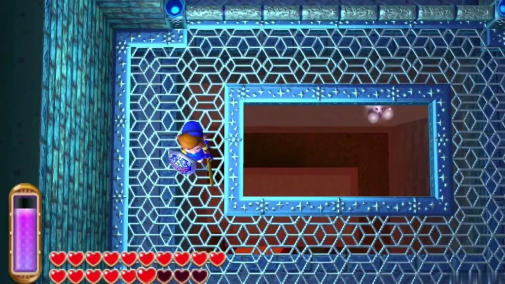 Link beside a large framed hole in the icy floor that drops to B4 Link beside a large framed hole in the icy floor that drops to B4