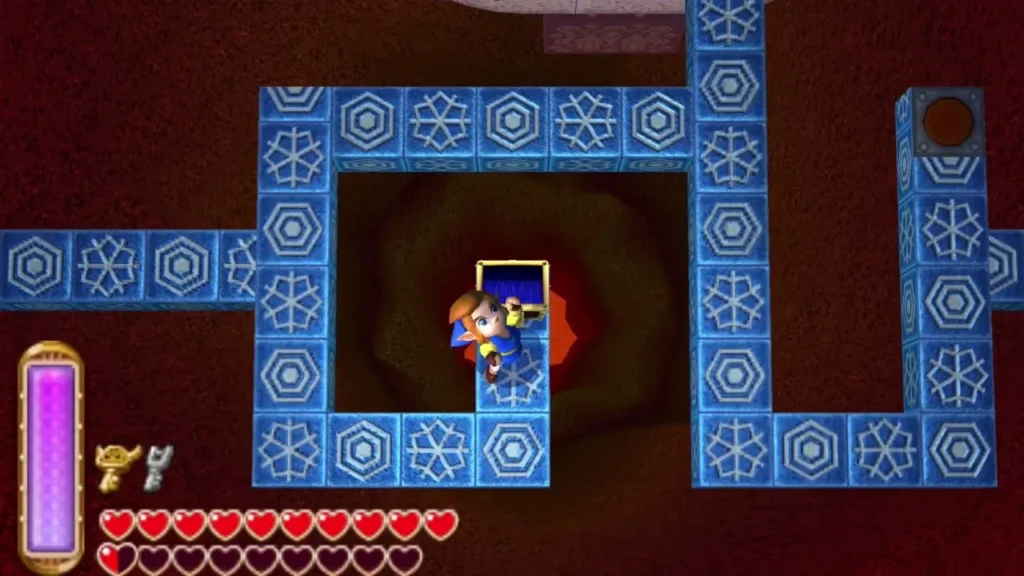 Link raising an item at the open chest in the B4 ice lattice room Link raising an item at the open chest in the B4 ice lattice room