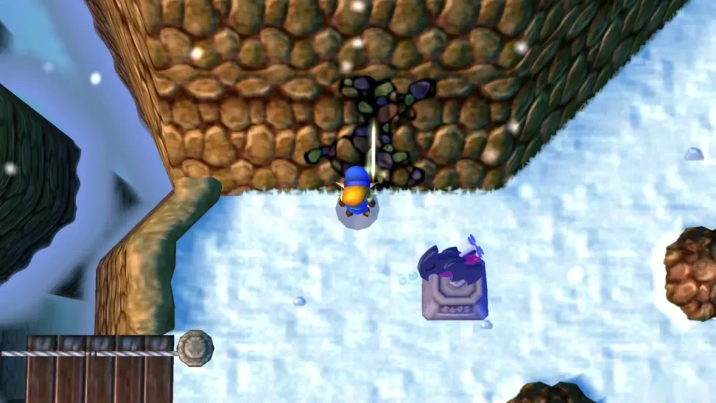 Link arrives on a snowy ledge on Lorule's Death Mountain beside a purple weather vane Link arrives on a snowy ledge on Lorule's Death Mountain beside a purple weather vane