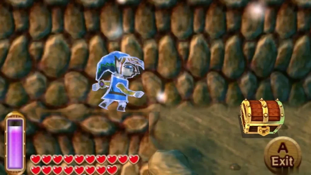 Link painted into the rock wall, sliding sideways toward a chest on the cliff ledge Link painted into the rock wall, sliding sideways toward a chest on the cliff ledge