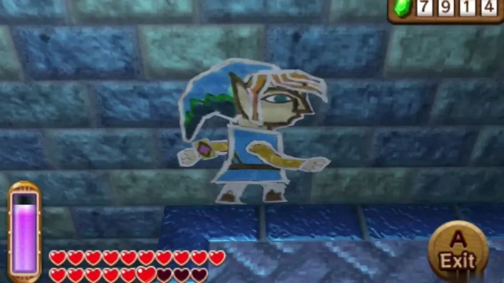 Link as a paper cutout inside a painting on the wall, Exit prompt shown Link as a paper cutout inside a painting on the wall, Exit prompt shown