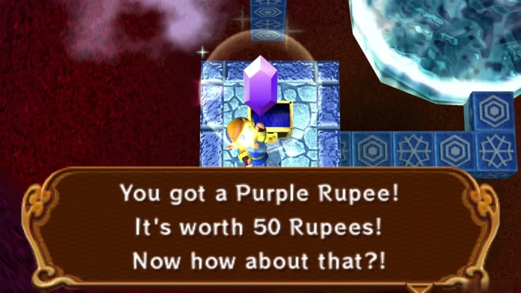 Link holds up a Purple Rupee with the 'You got a Purple Rupee!' box Link holds up a Purple Rupee with the 'You got a Purple Rupee!' box