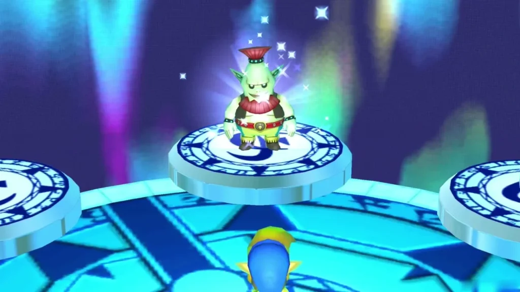 Rosso stands freed on a pedestal in the Sages' sanctuary, sparkles around him Rosso stands freed on a pedestal in the Sages' sanctuary, sparkles around him